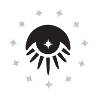 a black and white image of an eye with stars around it