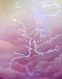 a painting of two people kissing in the clouds