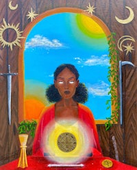 a painting of a woman with a sun in her hand